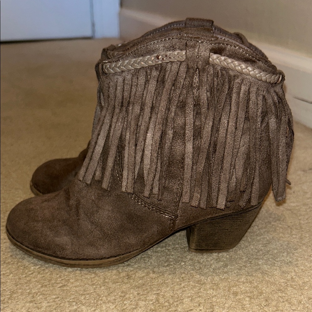 Rock and Candy Brown Distressed Suede Fringe Ankle Boots